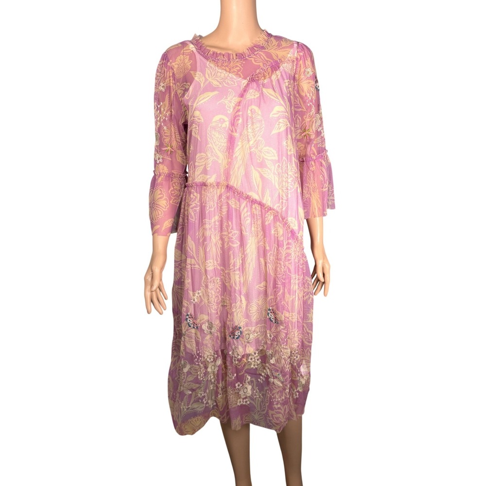 Johnny Was Mazzy Arching Ruffles Dress Noah Blushing Floral Mesh B34625-3 Medium